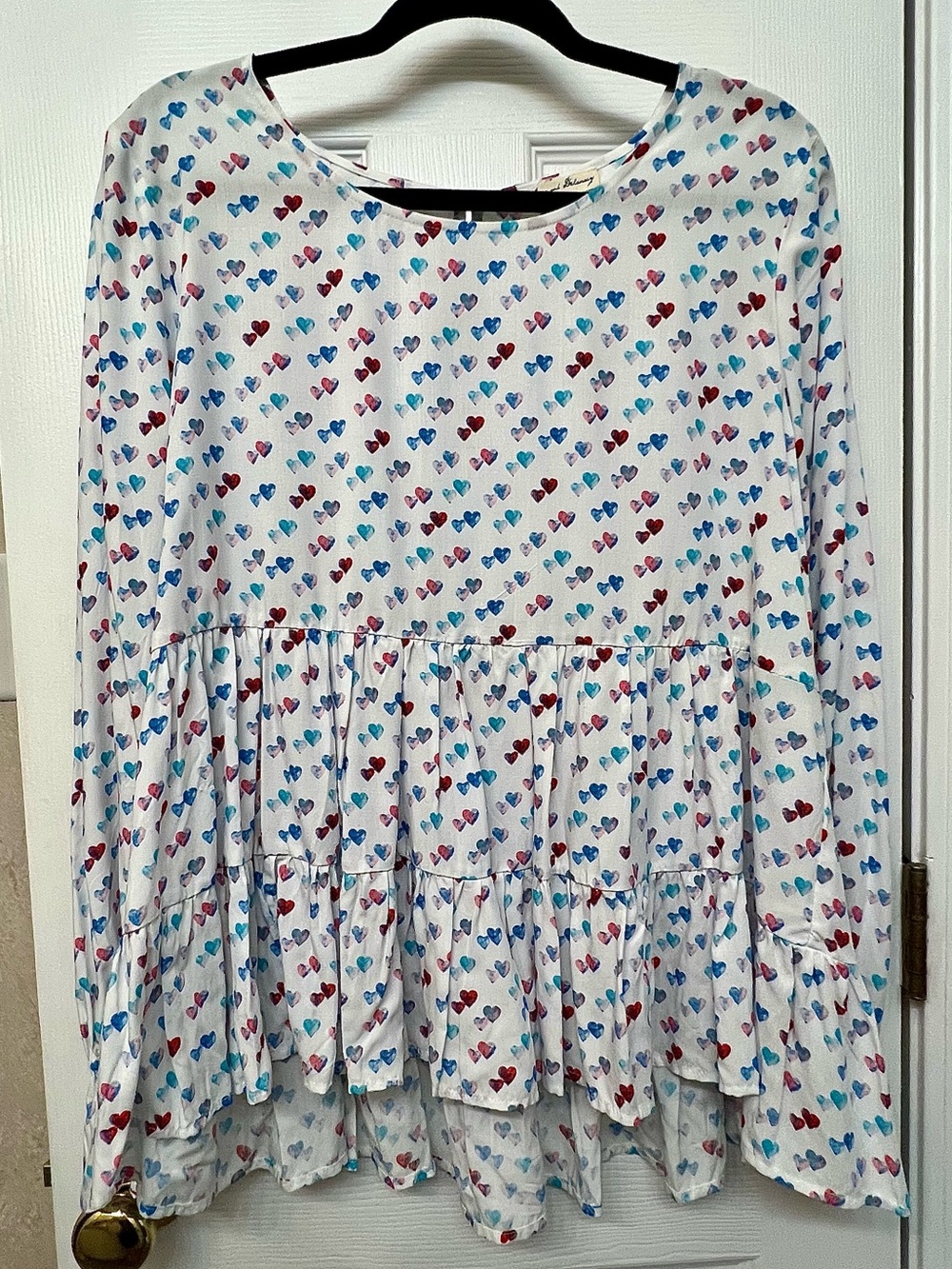 Women's White Multi-Colored Heart Long Sleeve Peplum Top - Picture 4 of 5